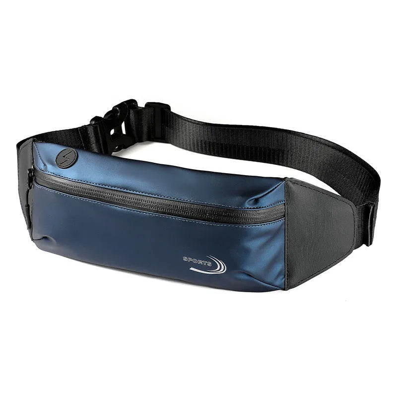 Men's blue waterproof waist bag with crossbody strap for sports activities