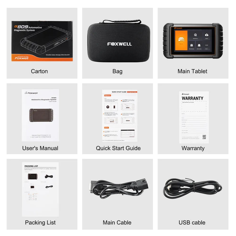 NT809 automotive diagnostic scanner with accessories including diagnostic cable, OBDII adapter, and packaging options