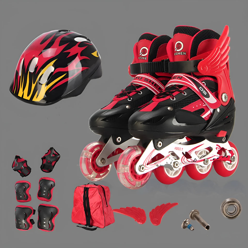 Children's adjustable inline skates in five colours with aluminium frame, helmet, and protective gear