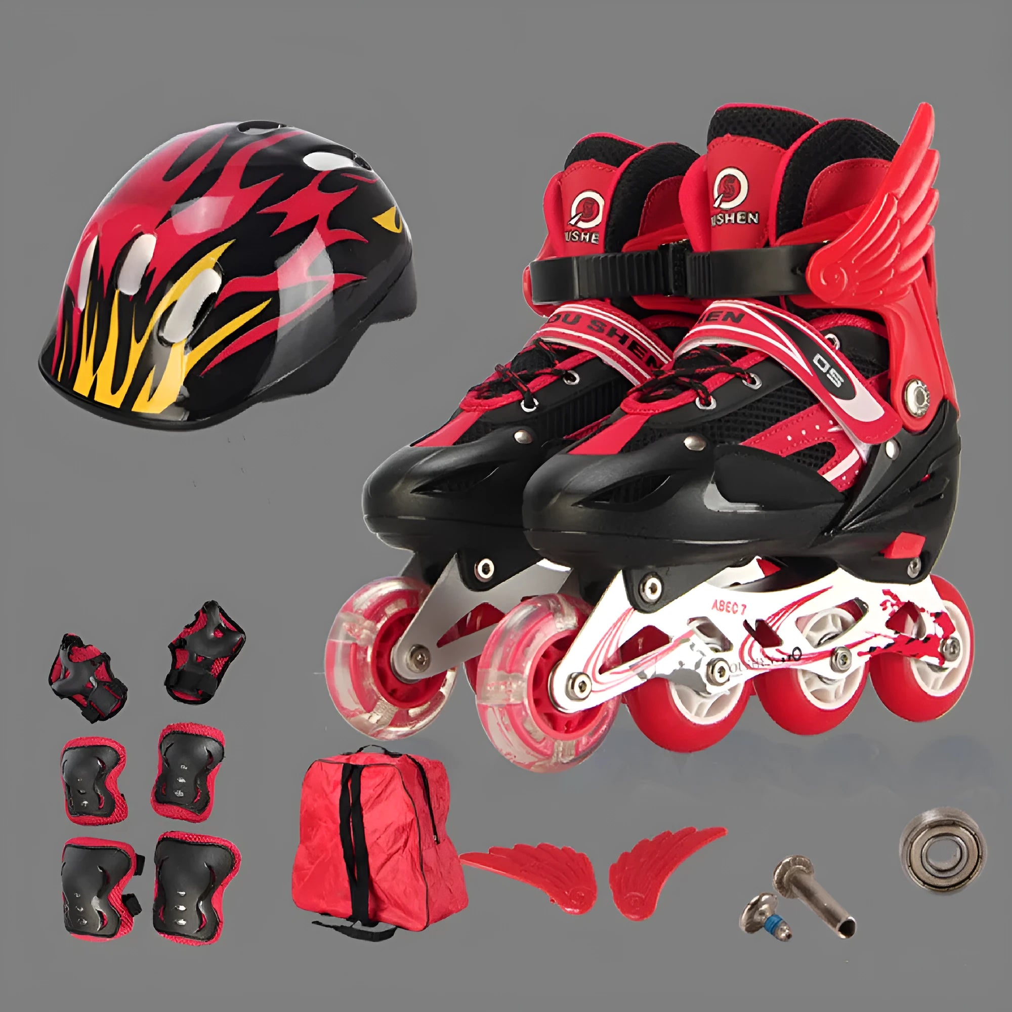 Children's adjustable inline skates in five colours with aluminium frame, helmet, and protective gear