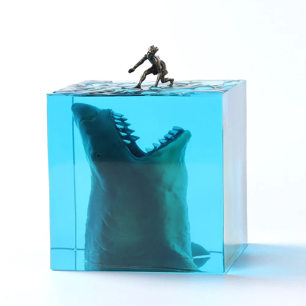 Crystal clear epoxy resin shark surfer night light ornament in 5cm and 8cm sizes