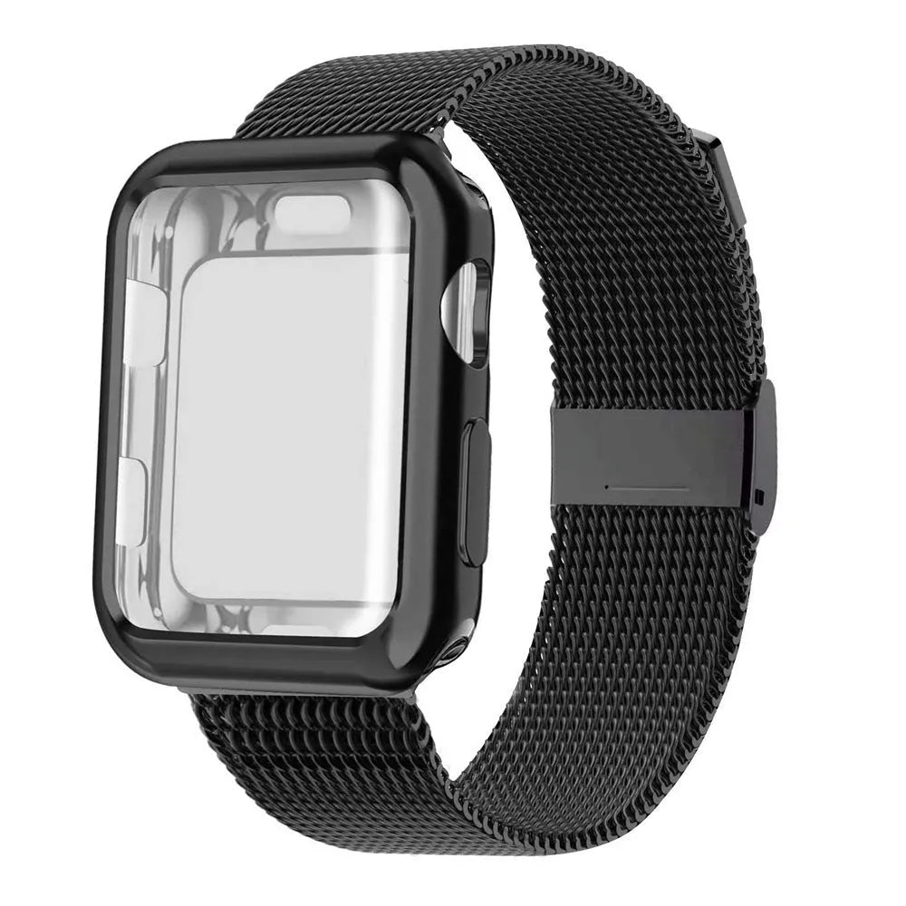 Silver magnetic Milanese loop metal band attached to an Apple Watch on a wrist, showing the adjustable magnetic clasp.