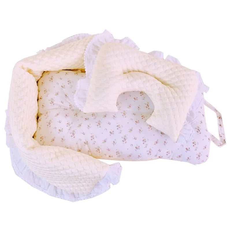 Pure cotton pet stroller accessory set showing anti-dirty towel, cushion, and pillow in a blue green apple pattern.