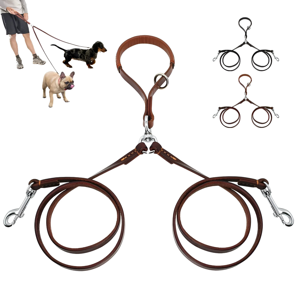 Leather 2-way dog leash in black or brown for walking two dogs hands-free