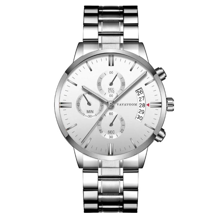 Men's stainless steel watch with 43mm dial, calendar display, and butterfly clasp in silver chain option