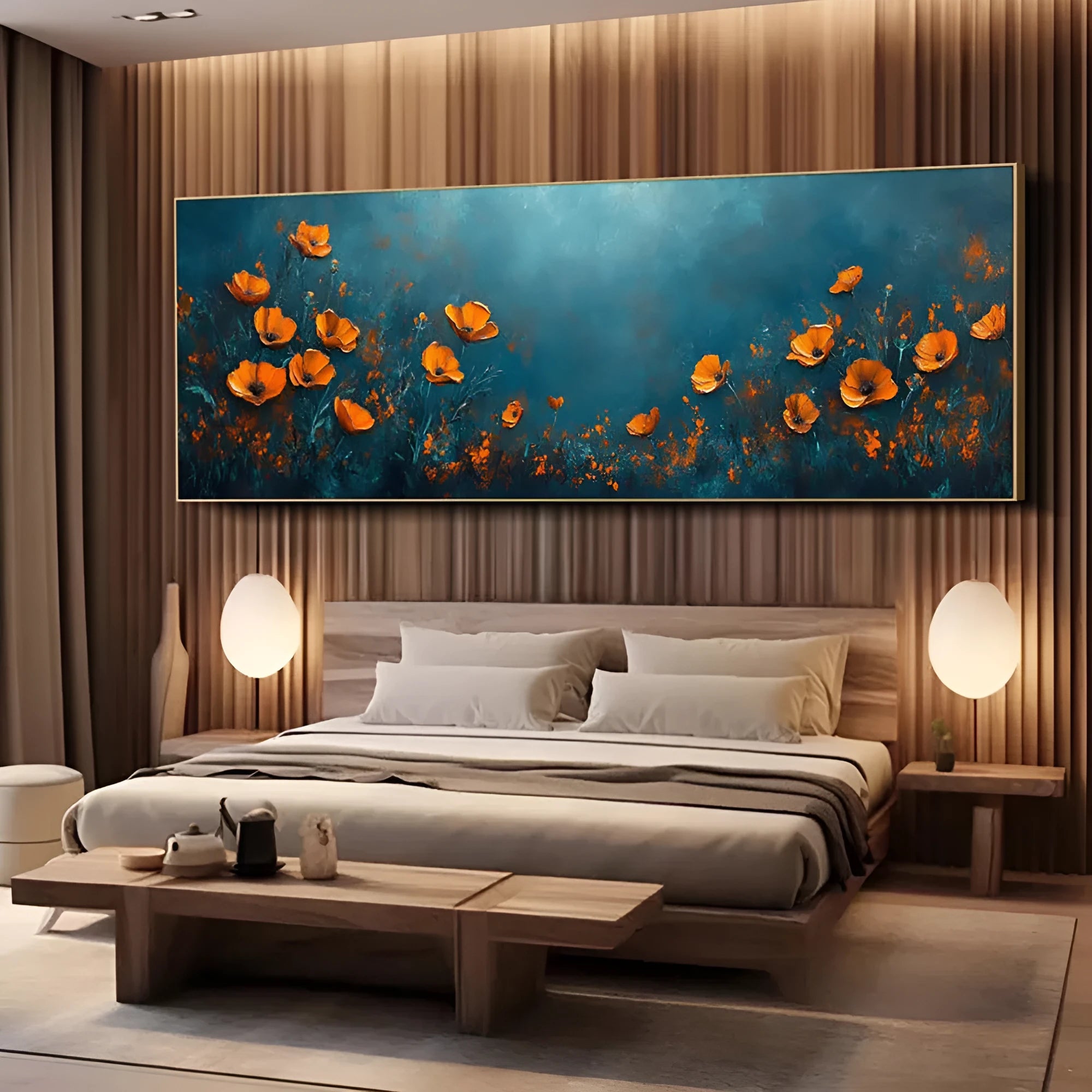 Abstract floral handmade oil painting on canvas, unstretched frameless, modern horizontal design for home decor