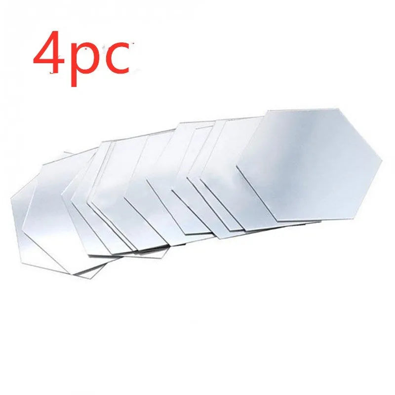 Hexagonal silver PS mirror wall sticker on a wall surface close up
