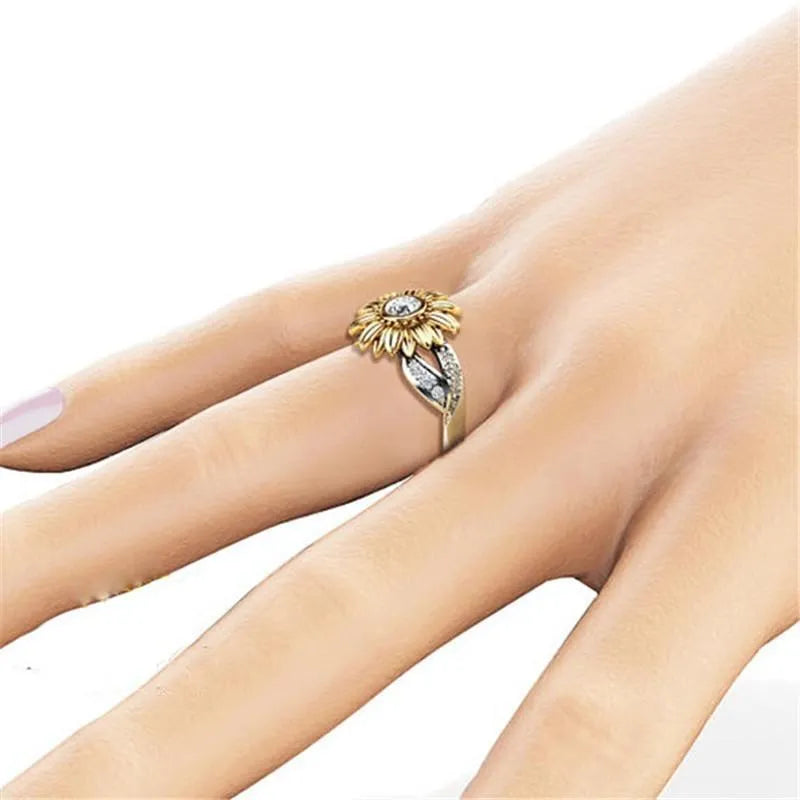 Gold-plated sunflower colour separation zircon crystal couple ring in silver, 15mm width
