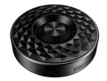 Compact black Bluetooth speaker with silicone cover showing control buttons.