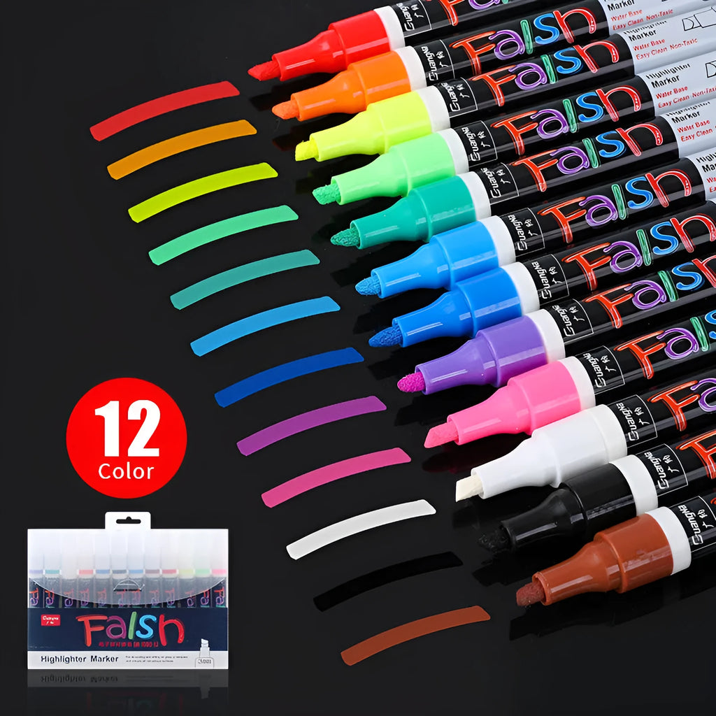 Oblique plastic electronic fluorescent board highlighter pen with a 6mm tip, shown with 8 colour refill options.