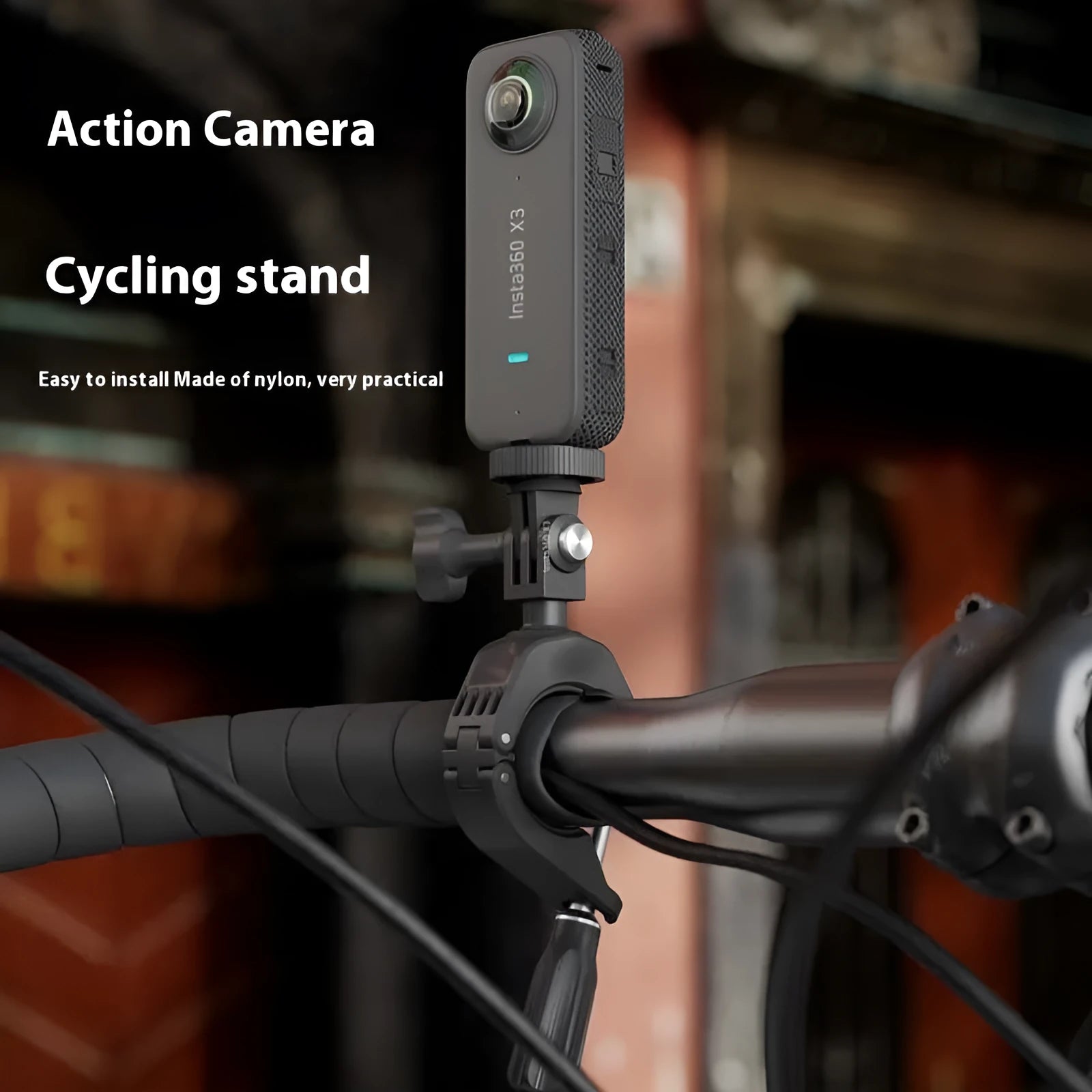 Sports camera bicycle clamp mount with TPU cushion, silicone pads, and triangular frame adapter for handlebar 22-35mm and reflector 8-16mm