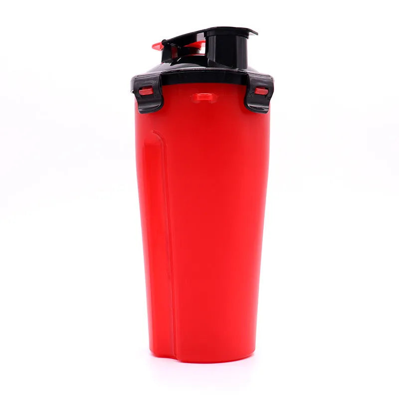 Portable pet water and food cup with two compartments showing water and food storage sections