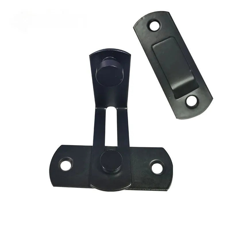 Black carbon steel warehouse hook lock with stainless steel components for sliding doors at 90-degree angle