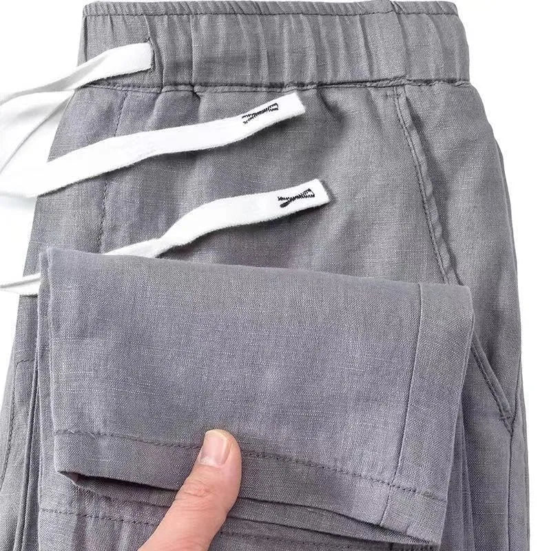 Pure linen Chinese style trousers with elastic waistband in straight leg cut available multiple colours