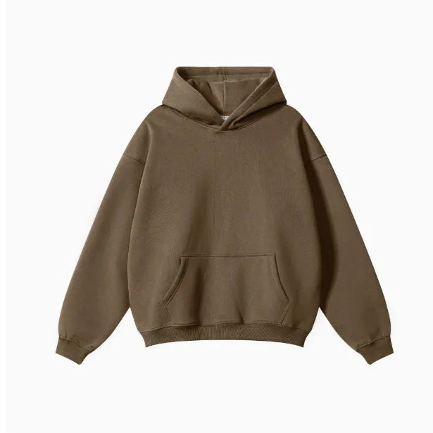 Men's loose-fit cotton hooded sweater in grey, showing drop-shoulder sleeve detail.