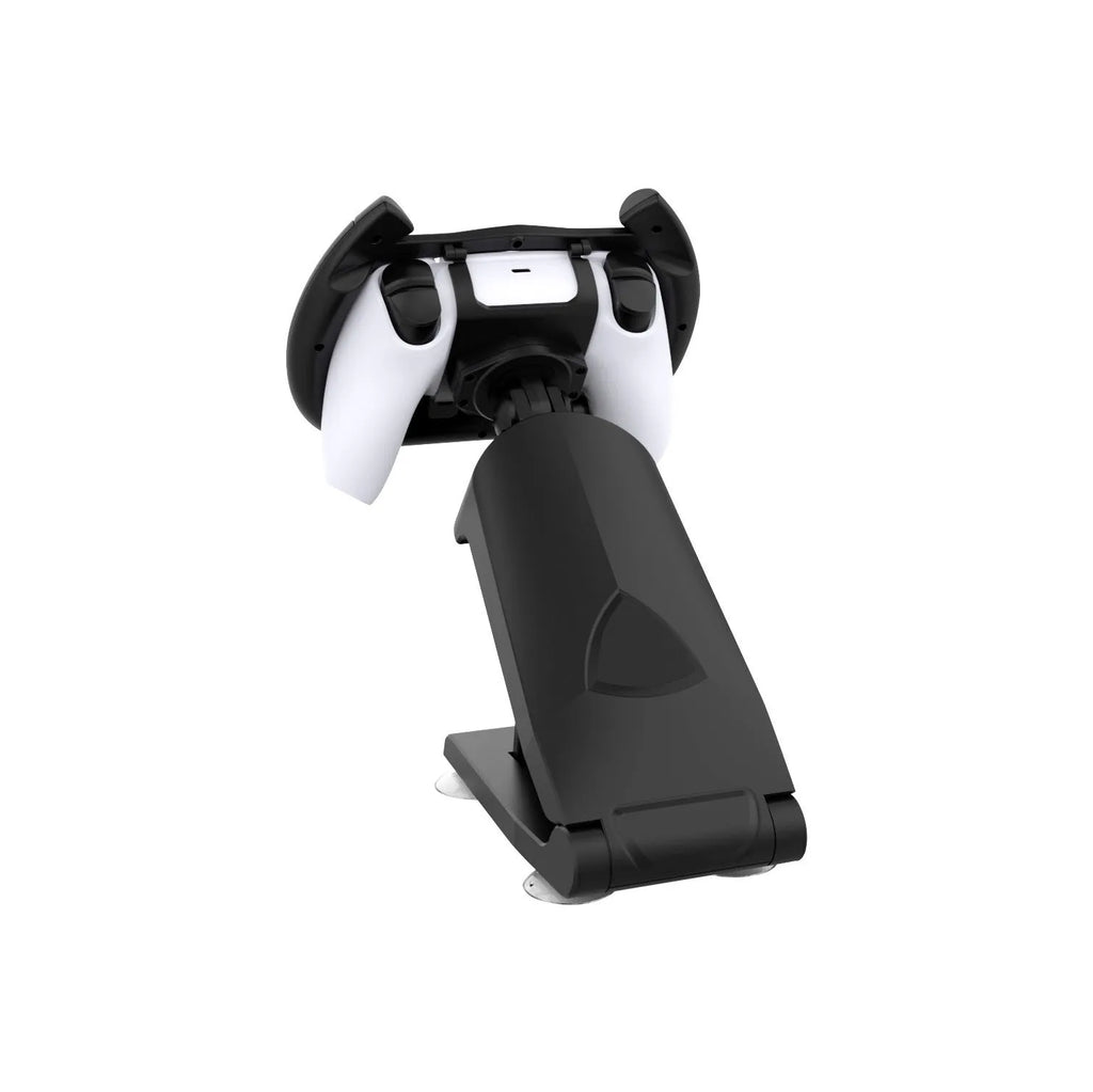 Black ABS plastic gamepad steering wheel bracket with a large white suction cup on its base.