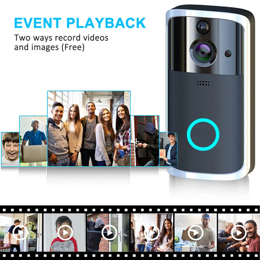 WiFi video doorbell camera in black with PCB material construction, two-way intercom, and infrared night vision
