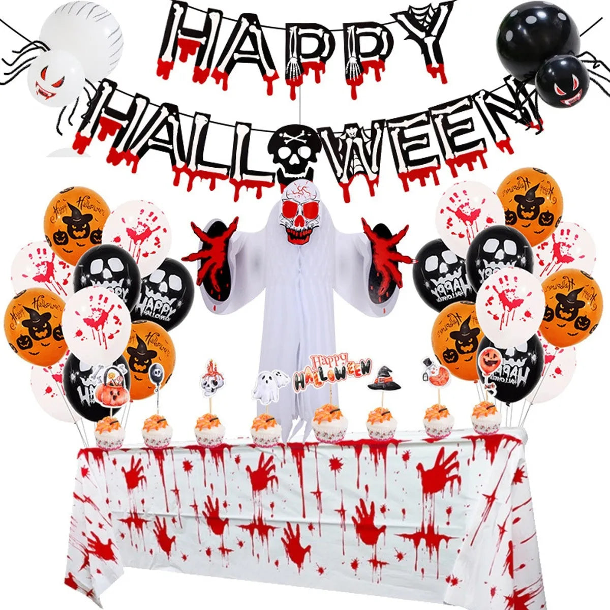 Black and white Halloween balloon arch with spider web, skull, and pumpkin designs