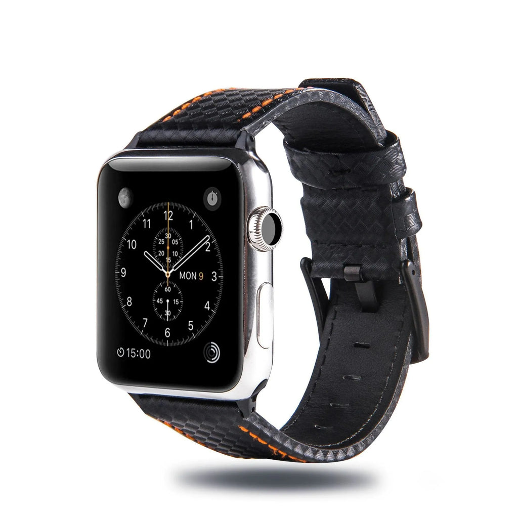 Carbon fibre pattern PC hard shell watch case with leather band in multiple colour options for iPhone compatible watches