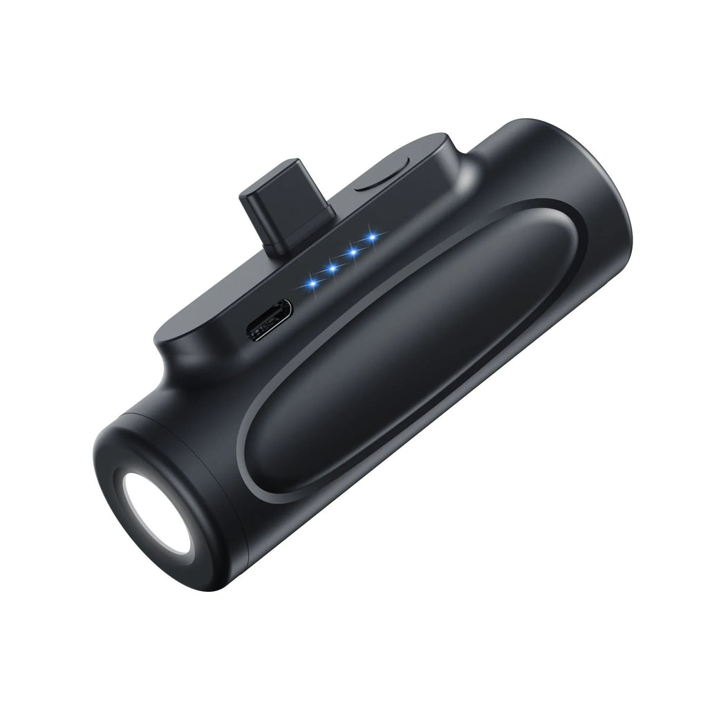 Black creative power bank with integrated LED flashlight, showing USB-C port, dimensions 83x27x41mm.