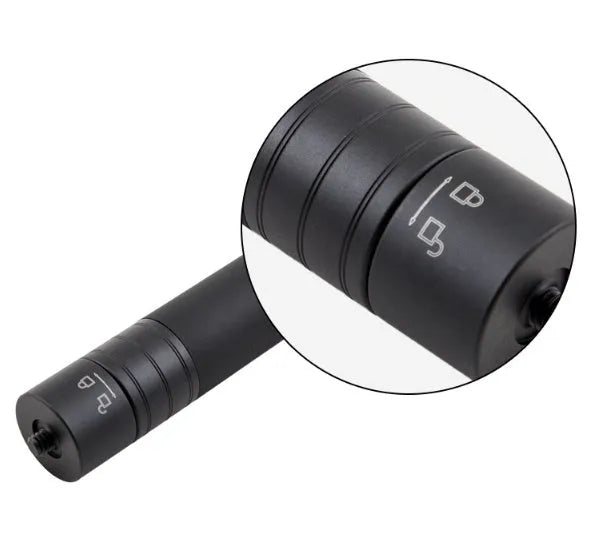 Black retractable aluminium selfie stick with Bluetooth remote, extended as a hand-held stabilizer.