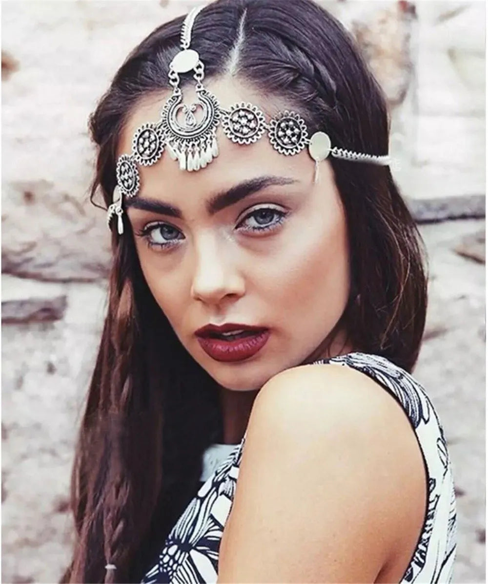 Boho style festival headband jewellery in ancient silver or matt gold, alloy with nickel-free plating, 28.9g