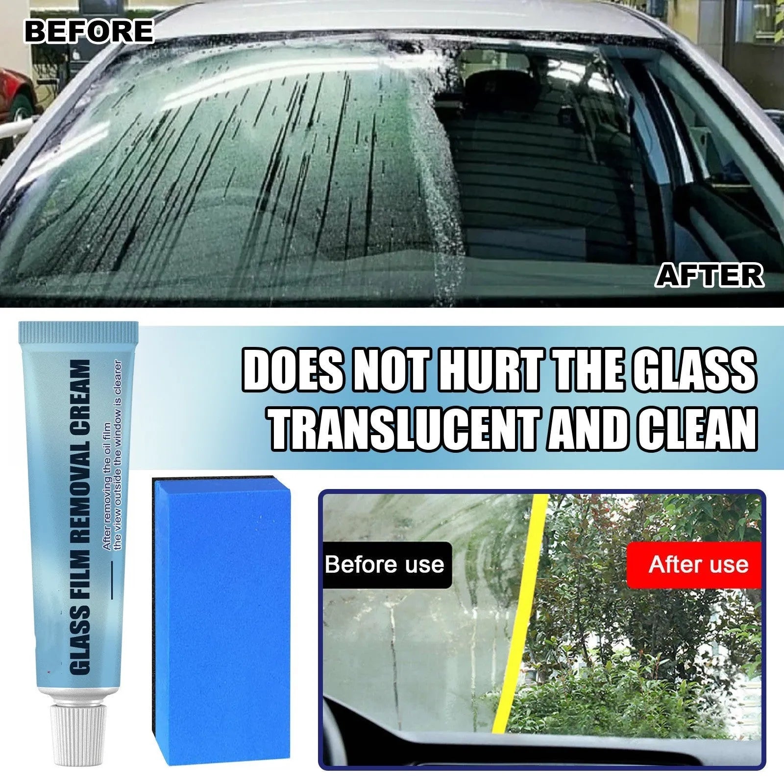 Blue car glass oil film remover unit and soft sponge brush for decontaminating windows.