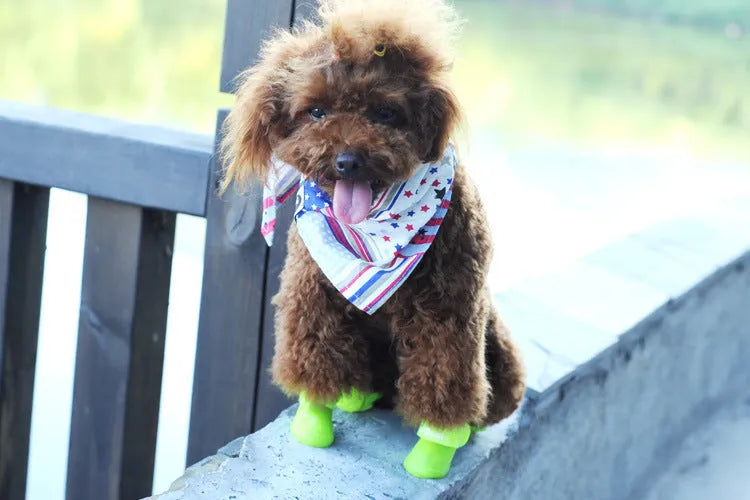 Soft non-slip silicone pet rain boots in purple for dogs, waterproof with wear-resistant sole, available in sizes S M L