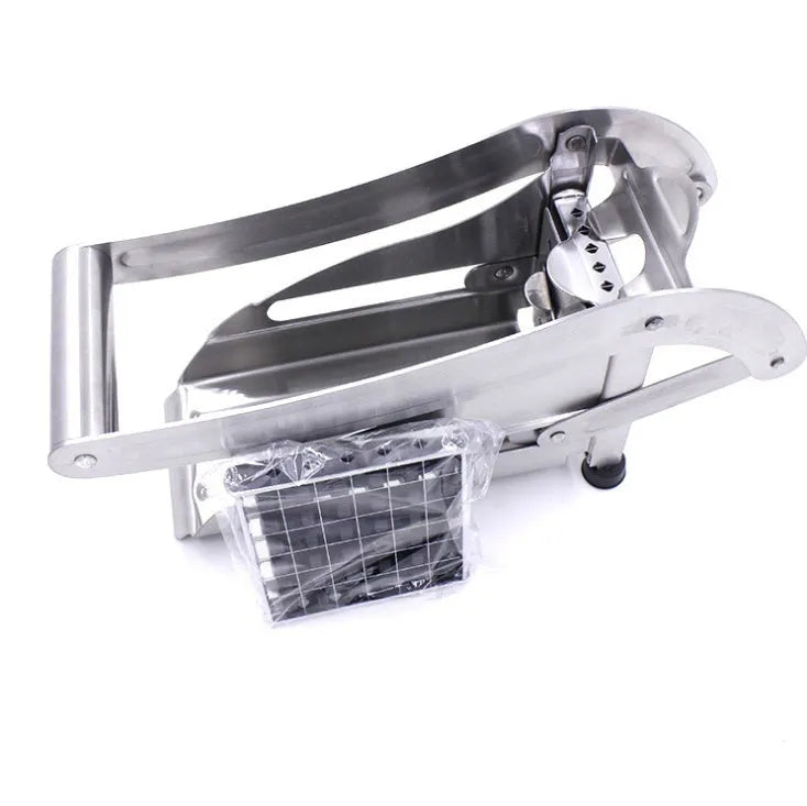 Potato cutter chopper with two stainless steel blades and non-slip rubber foot in kitchen setting