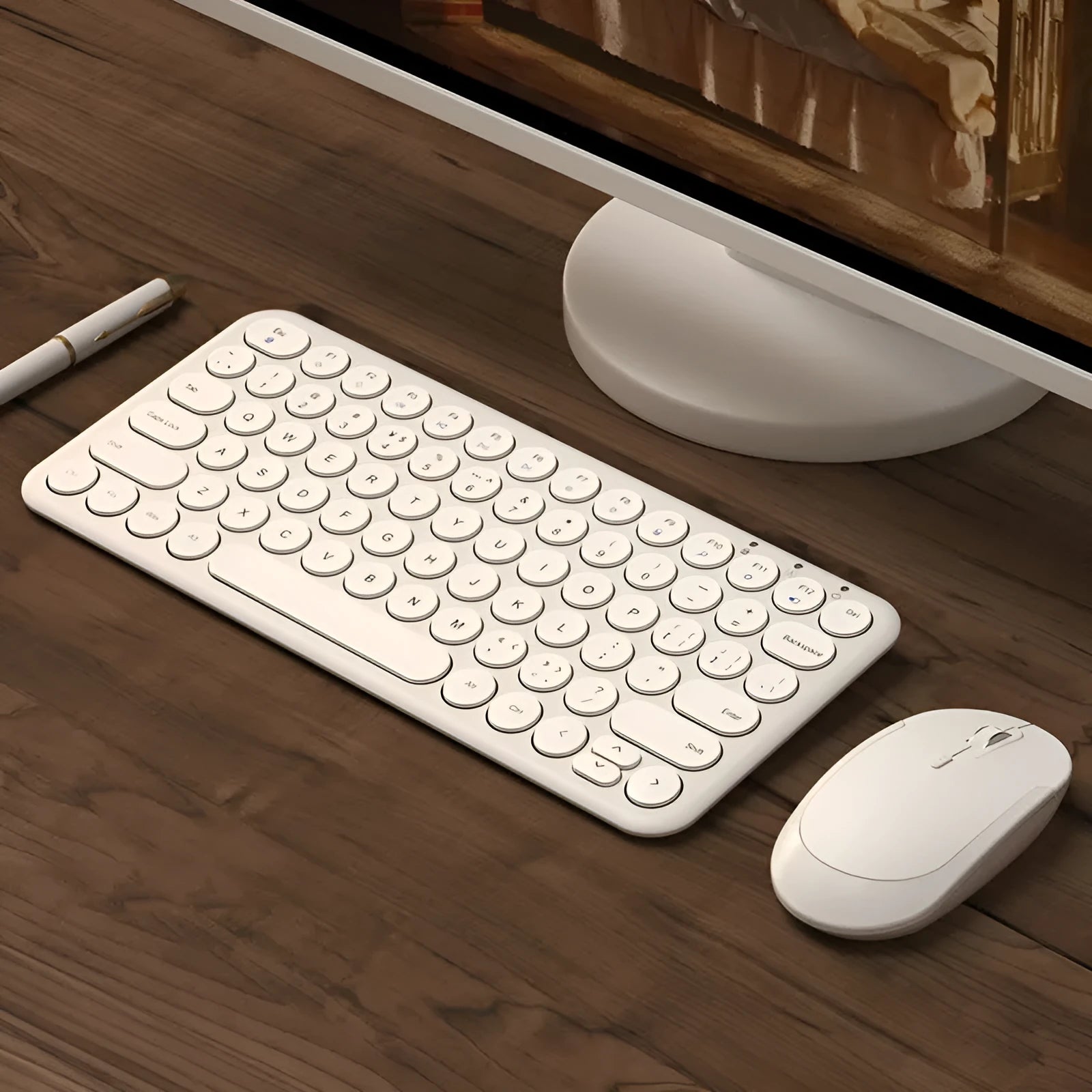 White ultra-thin wireless keyboard and mouse with USB receiver on a wooden desk