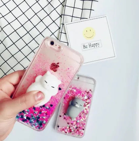 Colourful glitter cat design on a plastic phone case for iPhone models 6 through X.