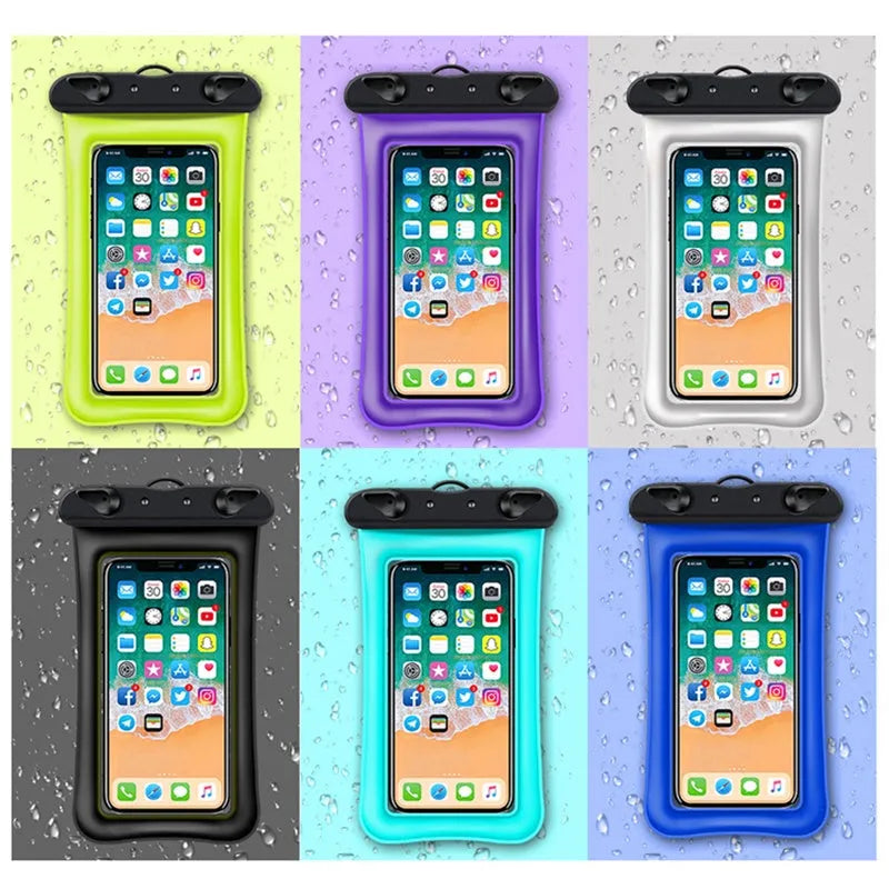 Orange double airbag waterproof phone pouch with black ABS switch and neck rope on a blue background.