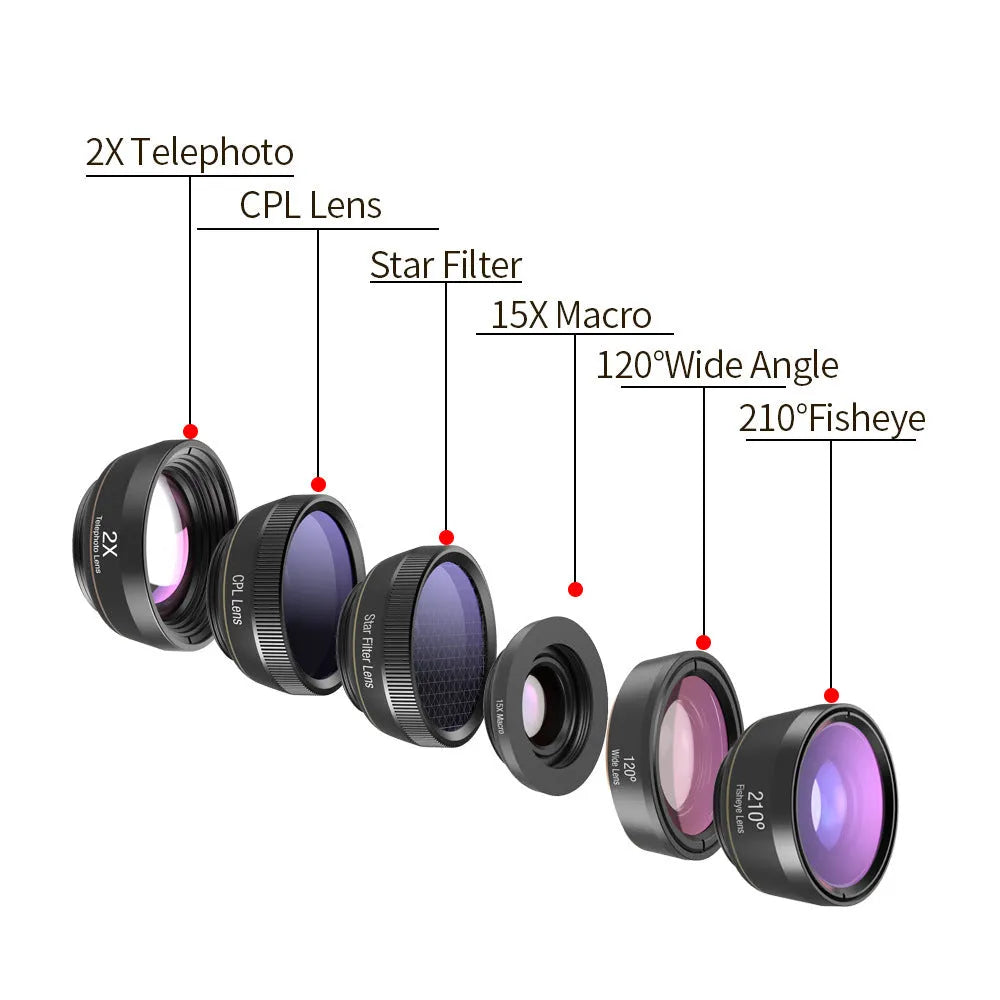 Black 6-in-1 smartphone lens kit with fisheye, macro, telephoto, CPL, and star filters next to a phone on a table.