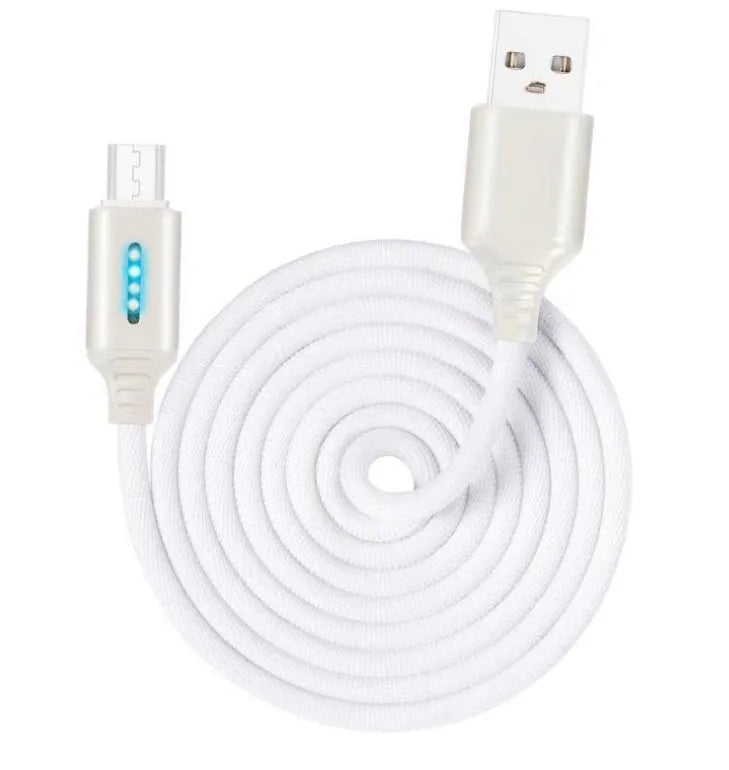 Fabric braided USB charging cable, 1 metre long, with connectors for phone and USB port.