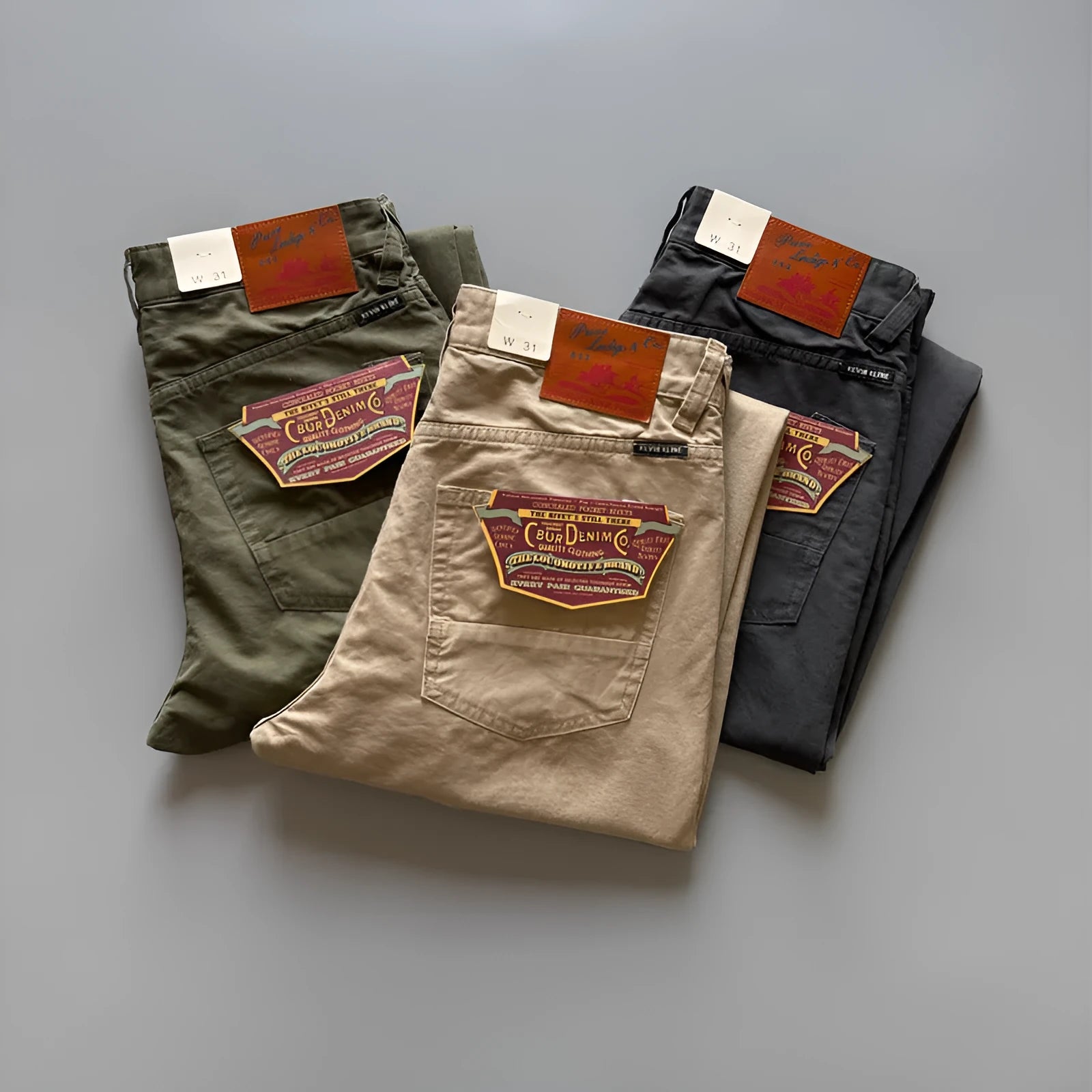 Men's straight-leg cotton casual trousers in grey, army green, and khaki colours on a mid-rise waist.
