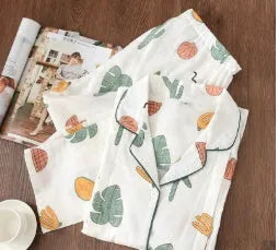 Cotton thin maternity pajama set with turn-down collar and bell sleeves in solid natural colour