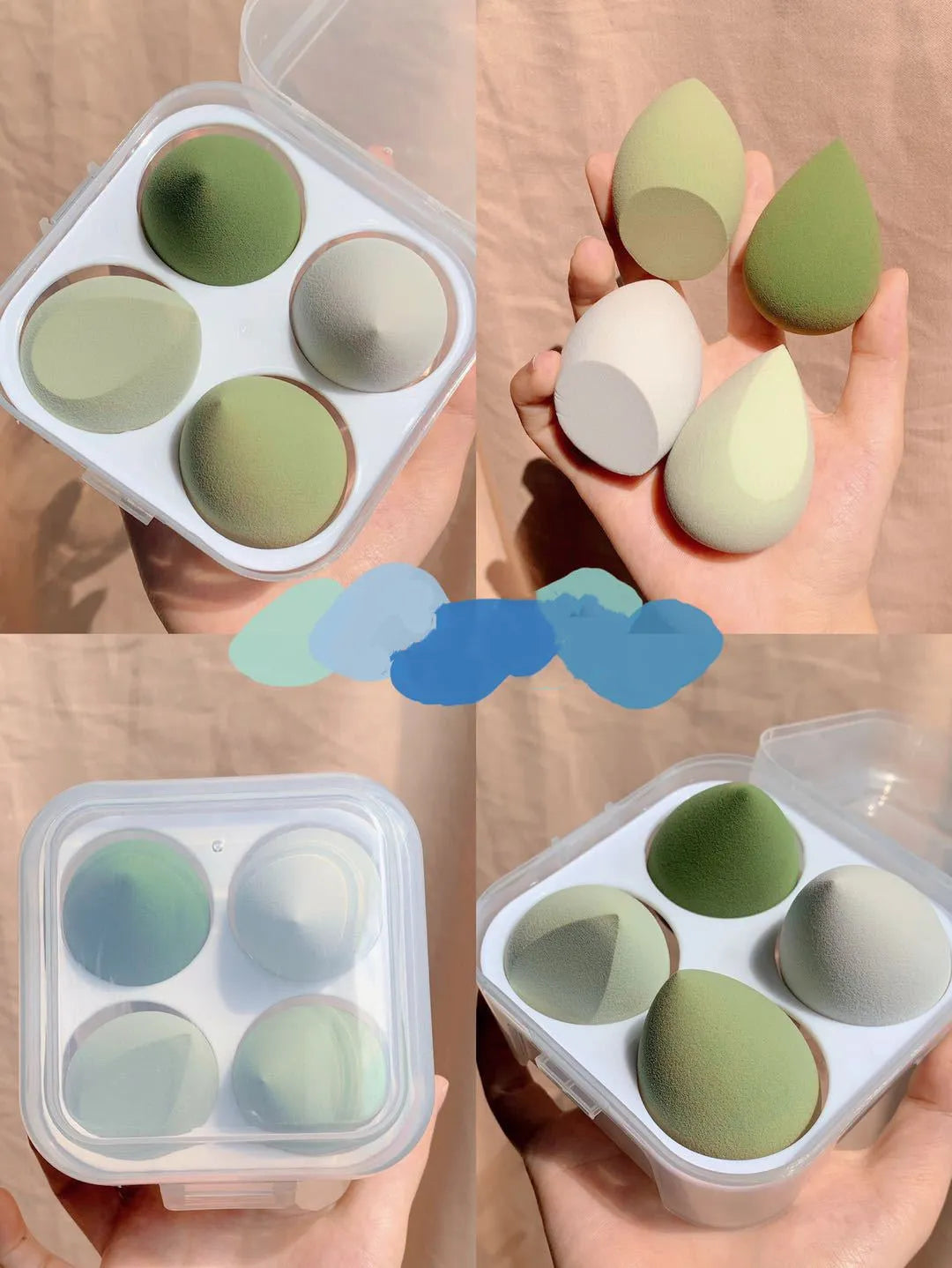 Set of four coloured synthetic makeup sponge eggs in grape, mango, mint, and peach.