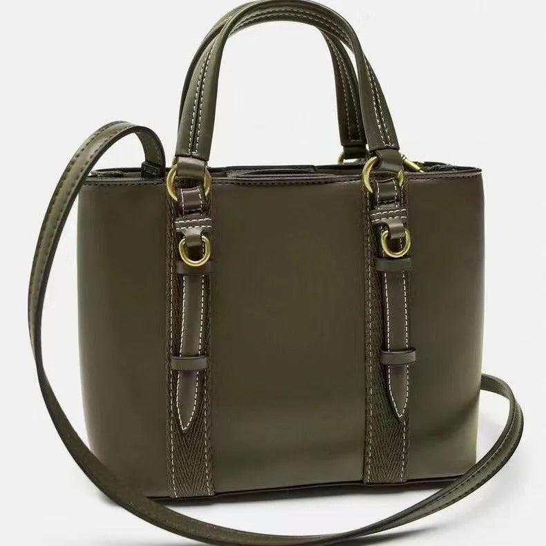 Women's olive green mini city messenger bag in PU leather with single shoulder strap and horizontal square shape