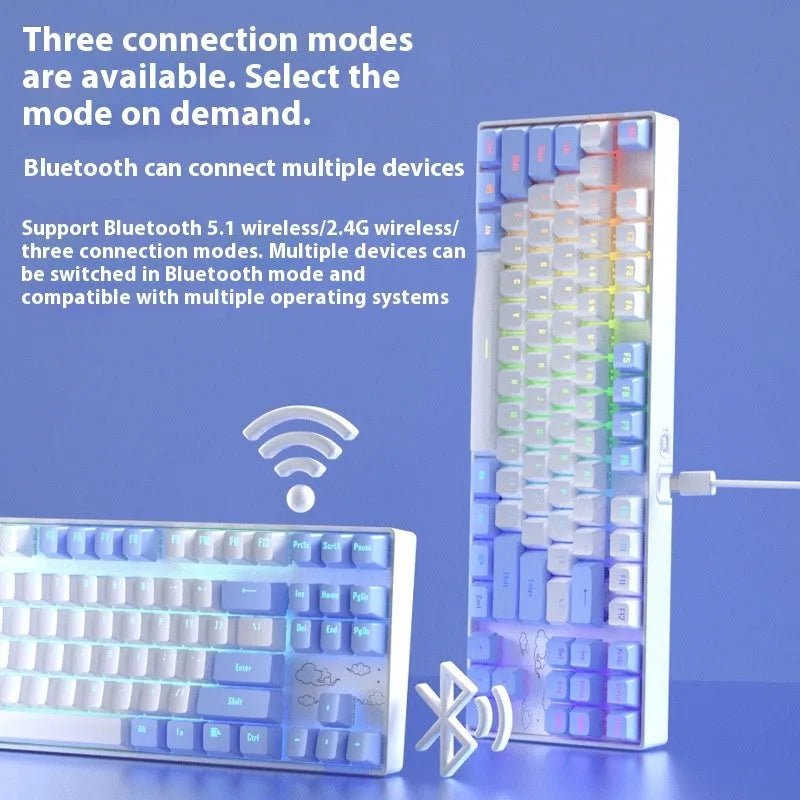 Wireless Bluetooth mechanical keyboard with metal board in blue or purple colour options