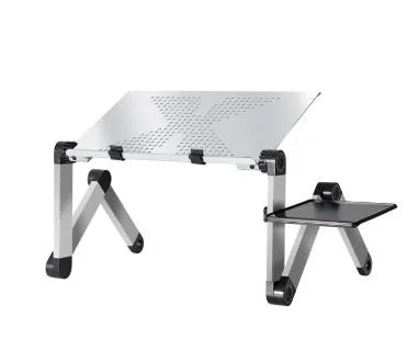 Black folding laptop table stand with six legs, magnesium alloy desktop, and attached mouse pad, folded view on a desk