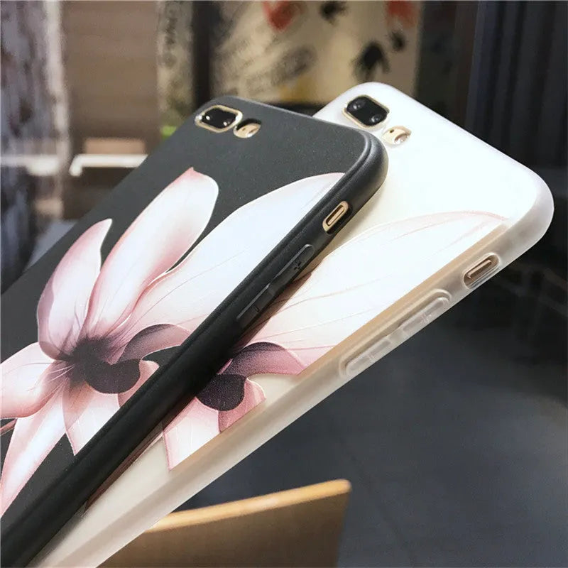 Embossed floral TPU iPhone case in black and white showing raised flower pattern design