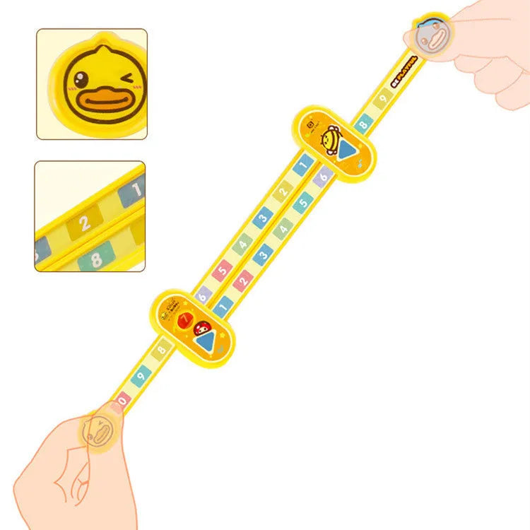 Yellow plastic cartoon digital decomposition ruler for children, showing 24.5 cm length.