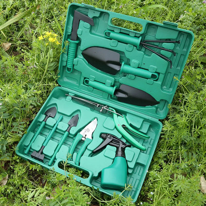 Ten-piece gardening tool set with iron heads and plastic handles in green colour