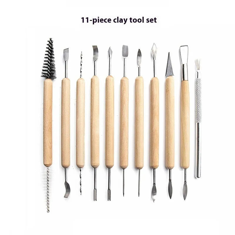 11-piece clay sculpting tool set with wooden handles and stainless steel heads on a blue felt bag.