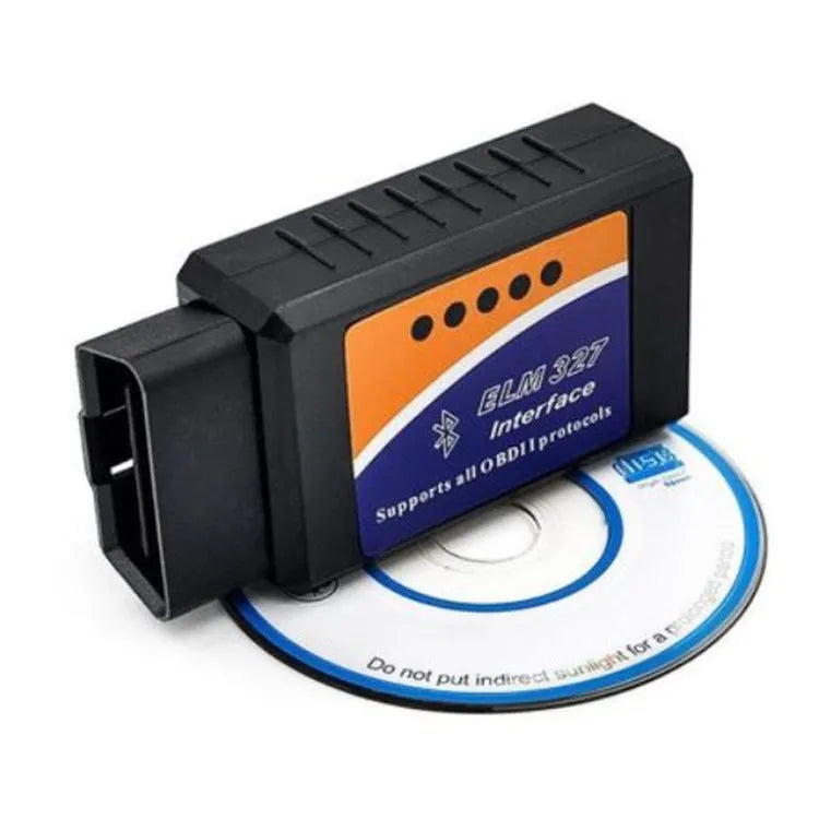 Compact dual-mode ELM327 OBD2 Bluetooth diagnostic scanner for vehicle fault codes.