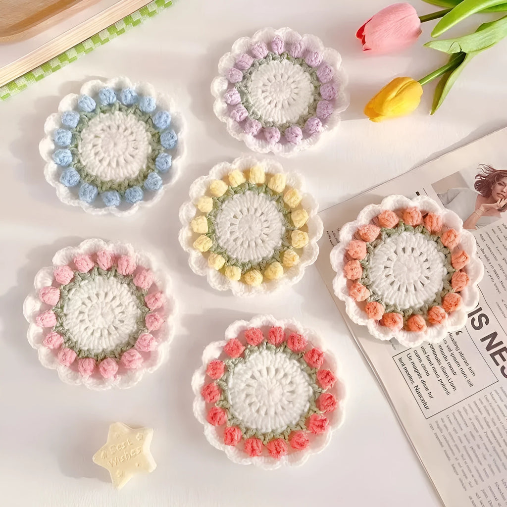 Handmade woven floral coaster in cotton and linen with hook design