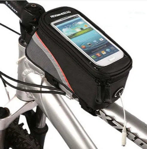 ROSWHEEL black PVC bicycle frame bag holding an iPhone on a bike top tube