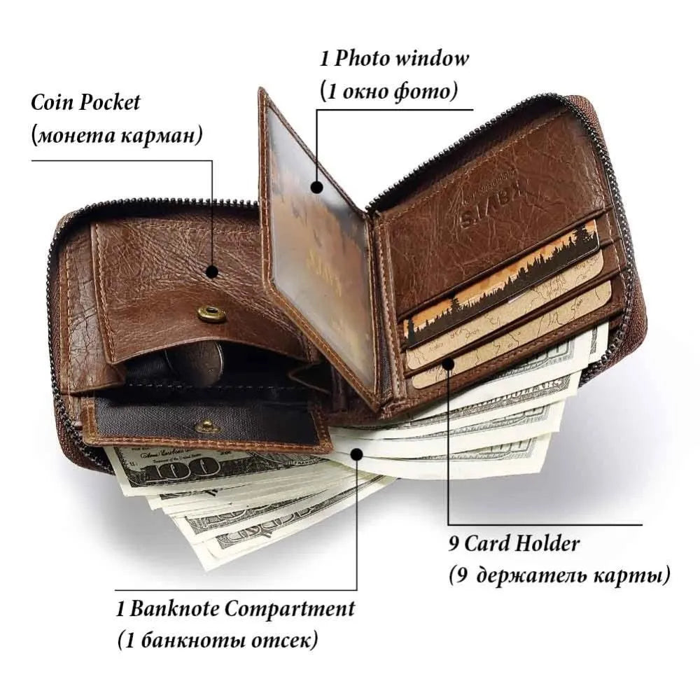 Coffee colour vintage leather wallet with locomotive design showing zipper opening and multiple internal compartments