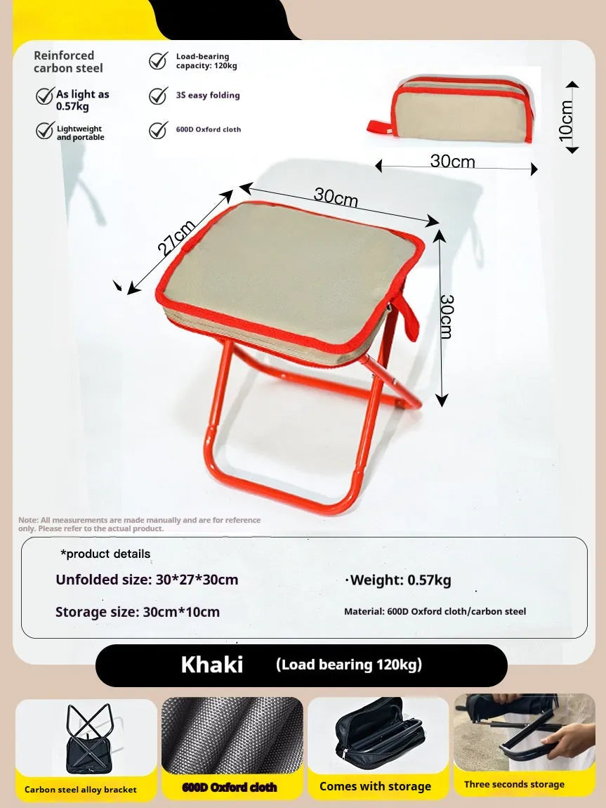 A folded Oxford cloth camping stool in khaki with its attached crossbody carry bag, shown next to an unfolded version.
