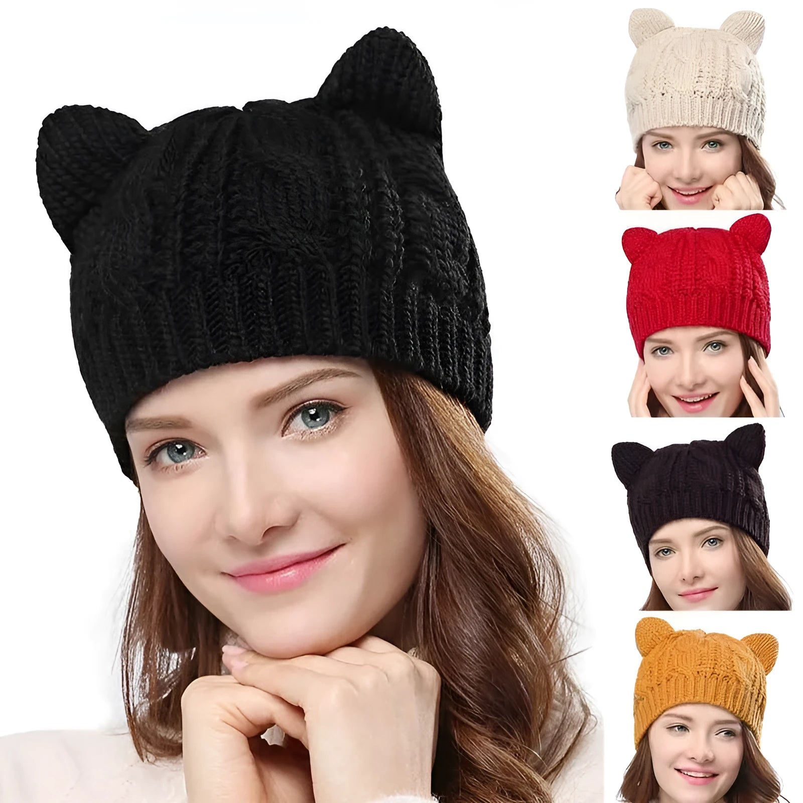 Hand-made red knitted beanie with 3D cat ears on a mannequin head